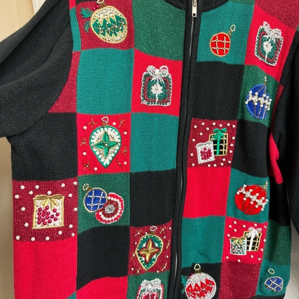 Vtg Victoria Jones Womens Sz XL Black Red Full Zip Christmas Sweater Grandmacore - Picture 3 of 9